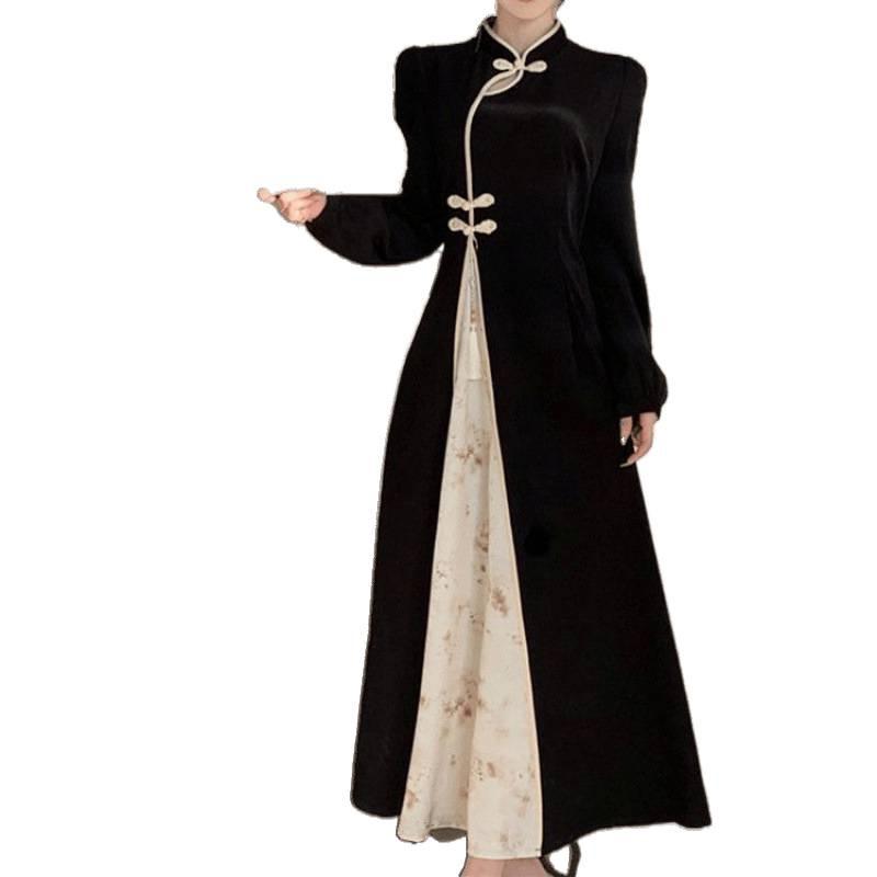 Plus Size Retro Chinese Ink Painting Qipao Dress - Long Sleeve, Jacquard, Waist-Cinching Design