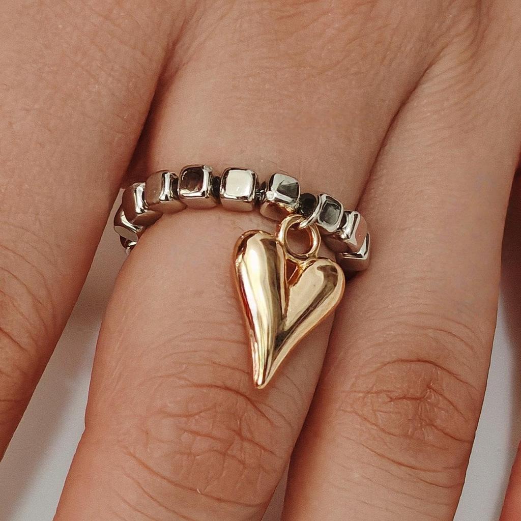 Cross-Border Jewelry Square Beaded Elastic Ring with Glossy Heart Accent