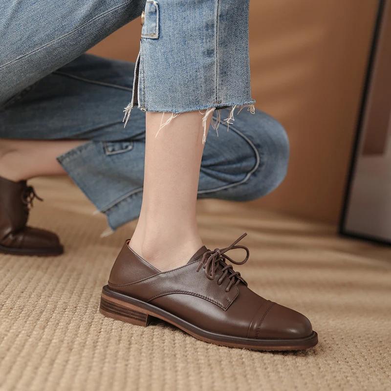 Fashion New Spring New Genuine Leather Women Shoes Fashion Lace-Up Oxford Shoes Round Toe Thick Heel Shoes Woman Zapatos De Mujer Pumps