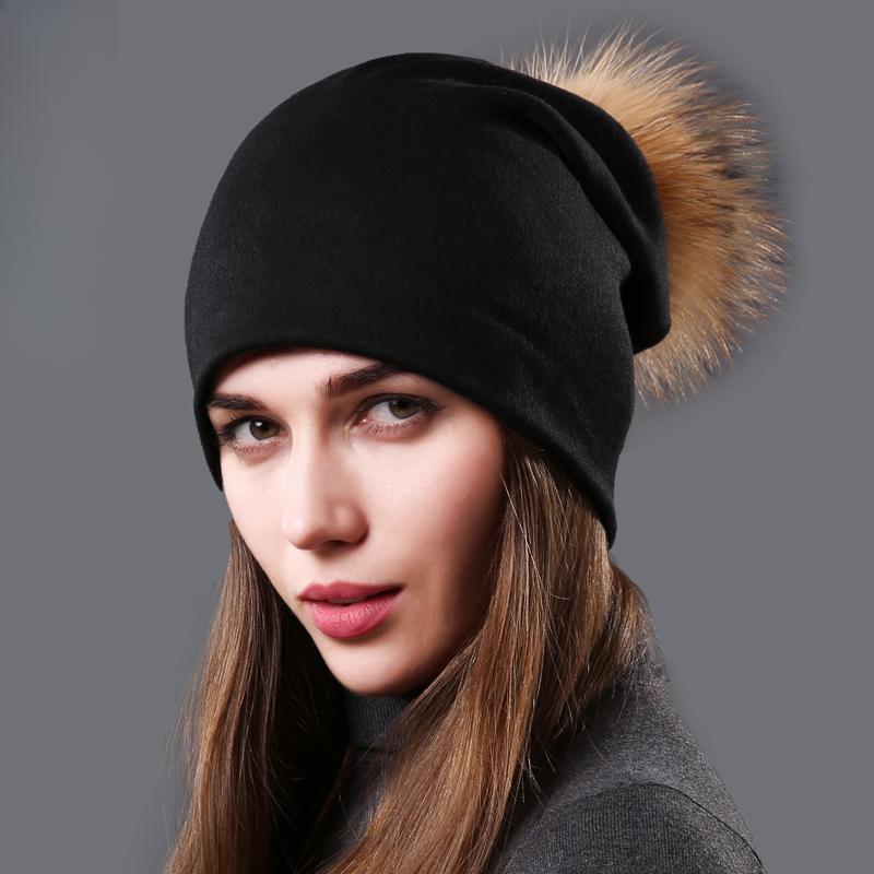Damen Echter Waschbärfell Bommelmützen Beanies Herbst Winter Warm Einfarbig Mützen Für Frauen Mode Baumwolle Skullies Dünne Mütze