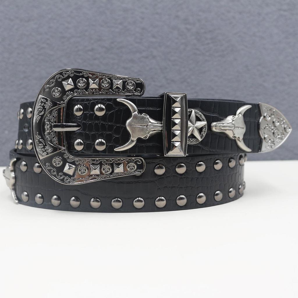 Crocodile Pattern Western Riveted Bull Head Leather Belt - Punk Y2K Unisex
