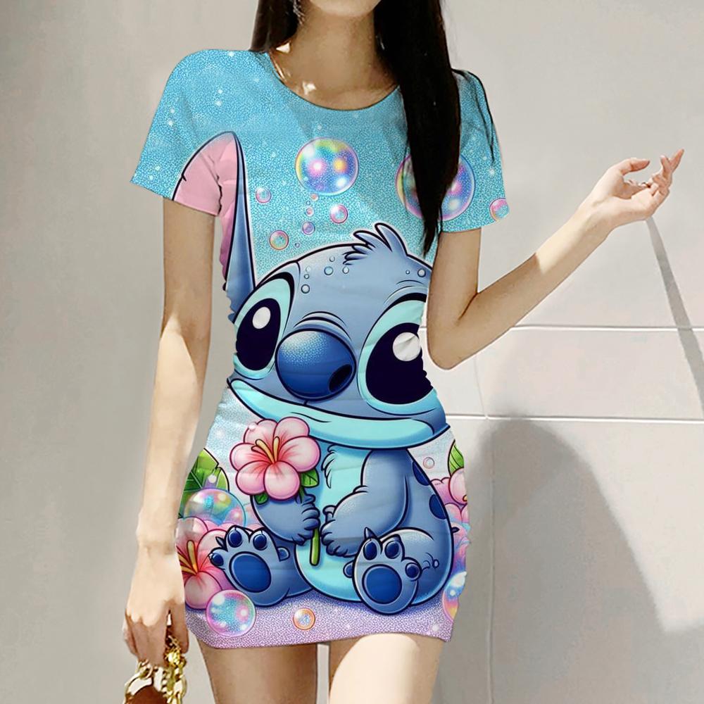 2026 Summer Disney Stitch 3D Cartoon Printed Girl Dress Short Sleeve Women's/Adult Parent-Child Dress Kawaii Beach Party Dress