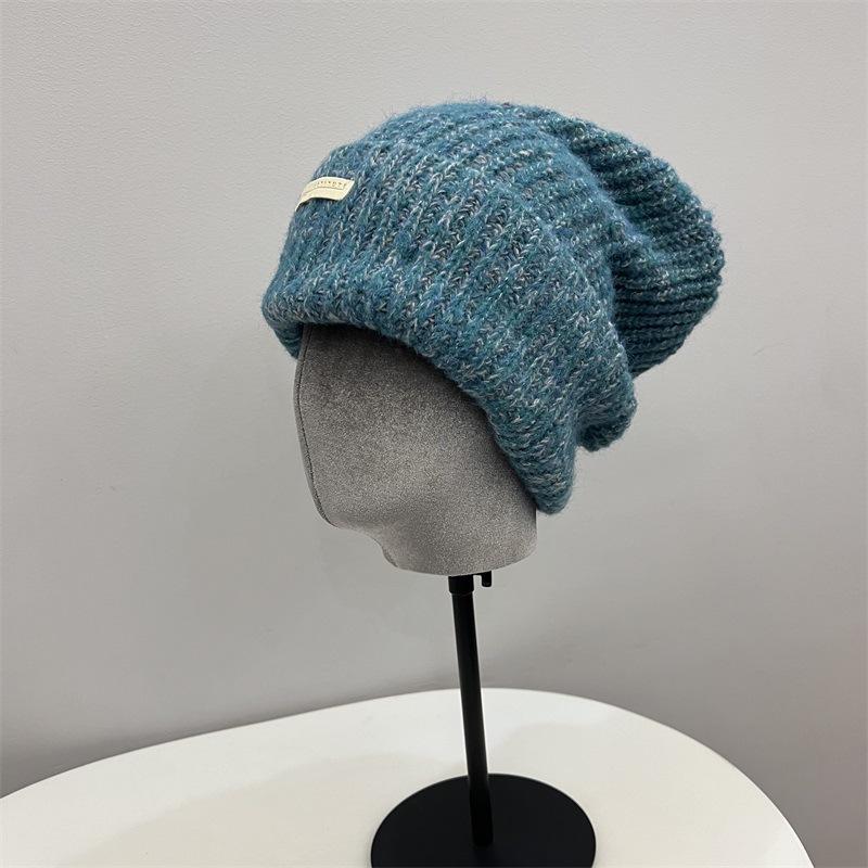 

Fashion Lazy Wind Large Version Cashmere Wool Hat Women s Winter Ear Protection Warm Curling Knitting Stacking Hat Tide M（56-58cm） синій