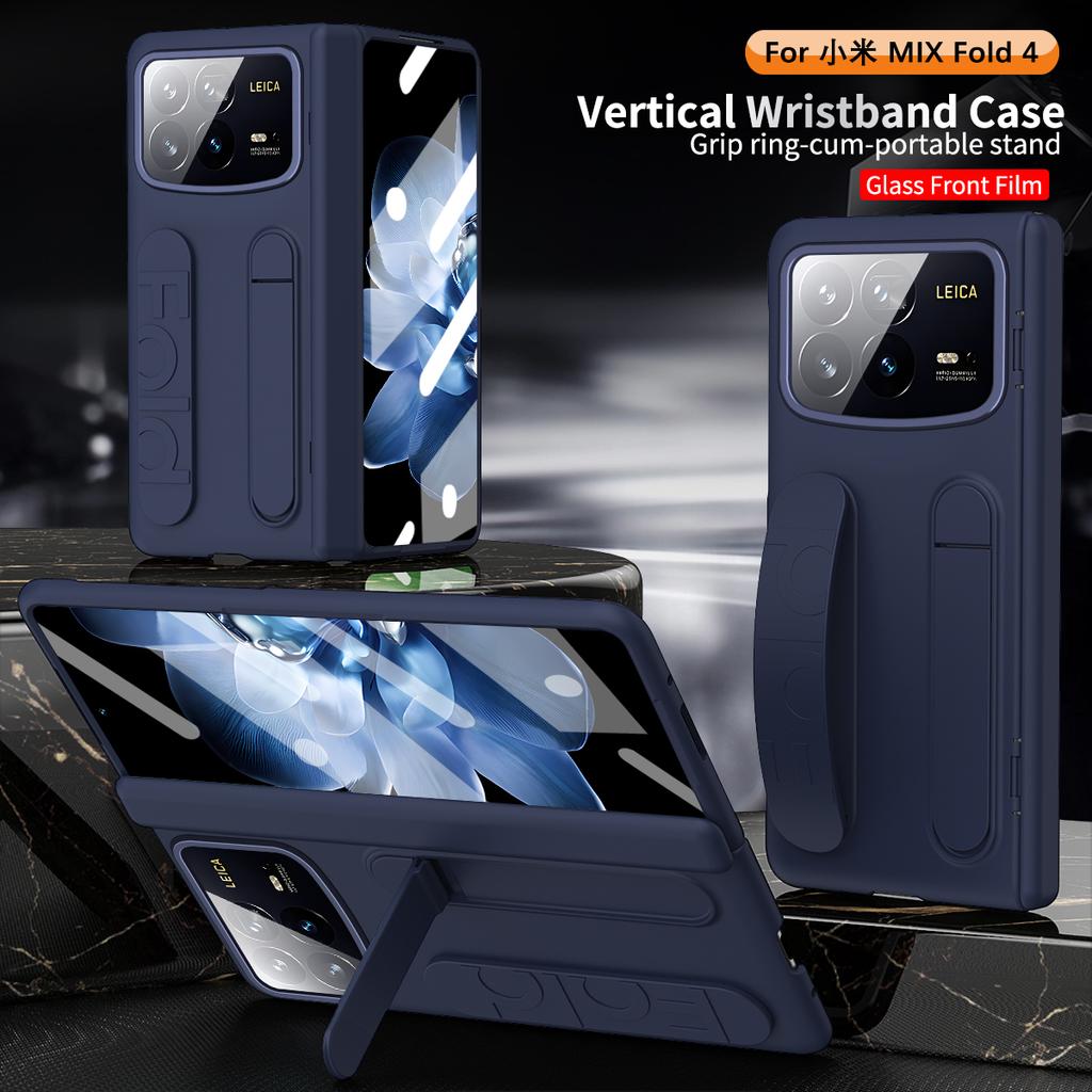 Luxury Vertical Silicone Wristband Case for Xiaomi Mix Fold4 Solid Color with Integrated Stand Glass Front Film Skin Feel Shockproof Protect Cover