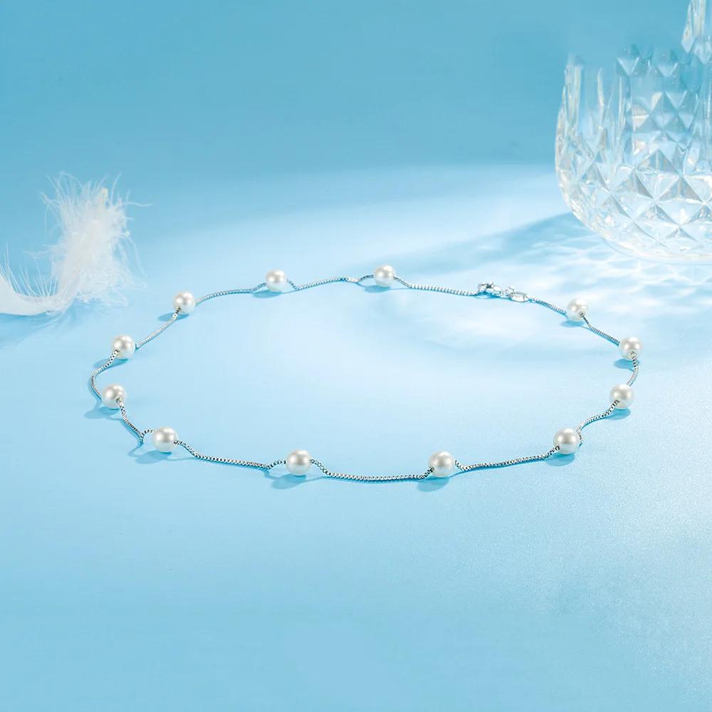 Fashion Female Necklace  Sterling Silver Stackable Pearl Box Chain Pendant Necklace for Women Choker Statement Length 44CM