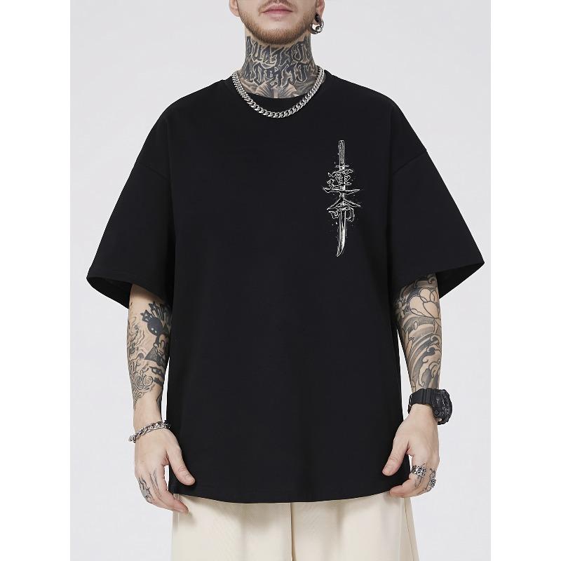 Evropské velikosti Pánské bavlněné tričko s vysokou gramáží s potiskem japonského samurajského meče a kanji - Retro vintage design japonské mangy
