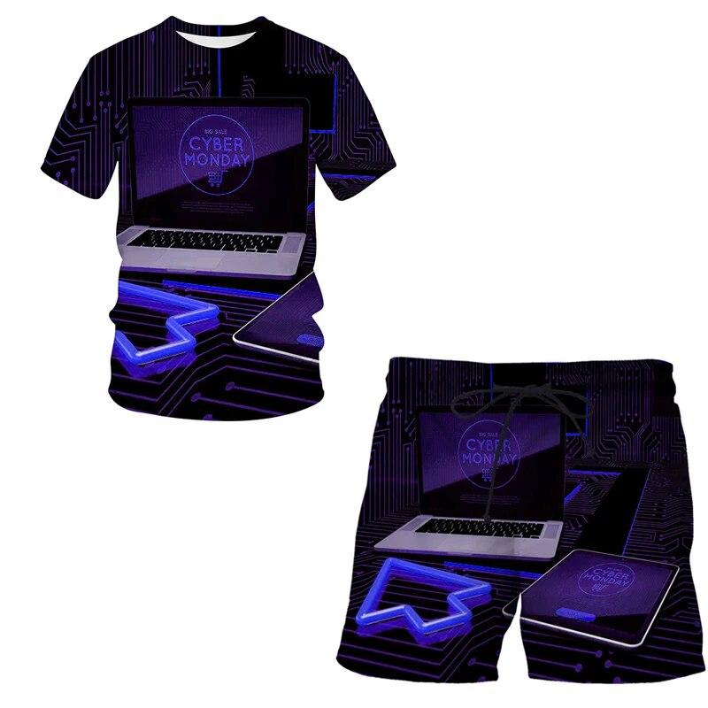 3D-Druck übergroßes modisches T-Shirt-Shorts-Set Harajuku Freizeit reifer Kurzarmanzug Mobile Technologie Zweiteiliges Set