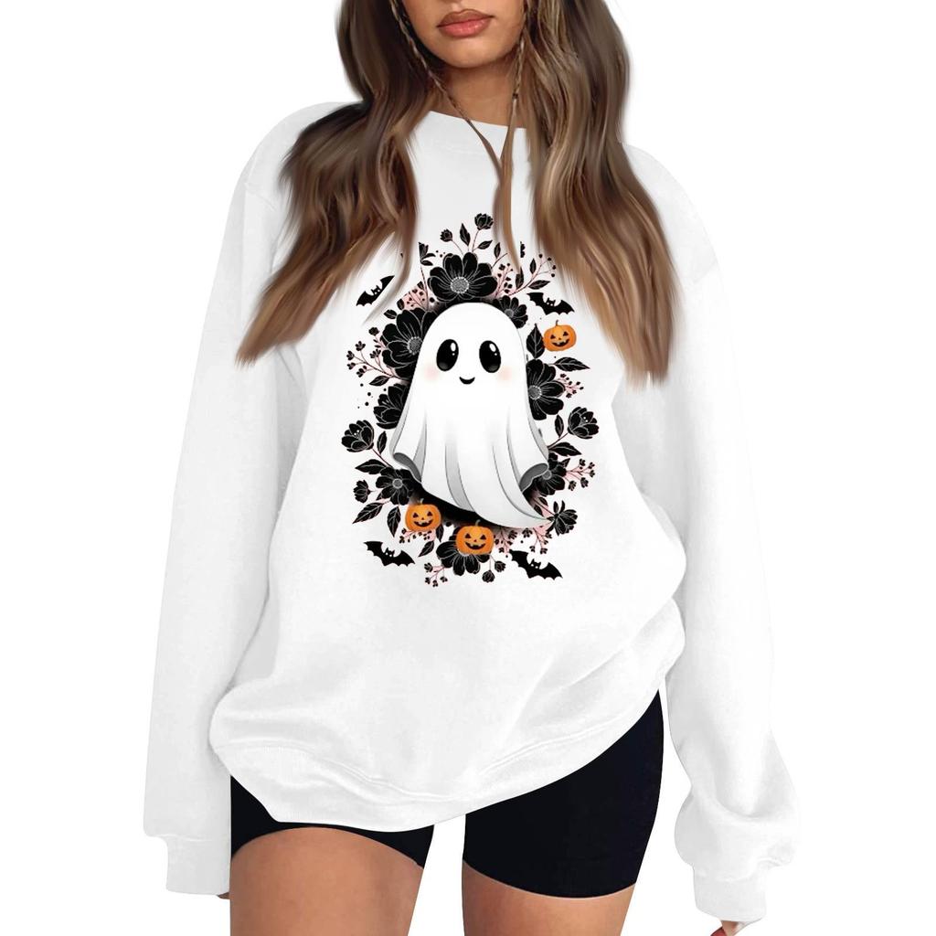 Women's Neck Long Sleeve Loose Fit Casual Sweatshirt Pullover Top with Halloween Print