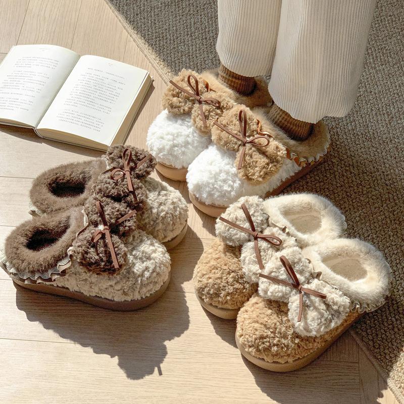 New bow cotton slippers winter velvet warm fluffy slippers indoor thick bottom heightening non-slip can be worn outside