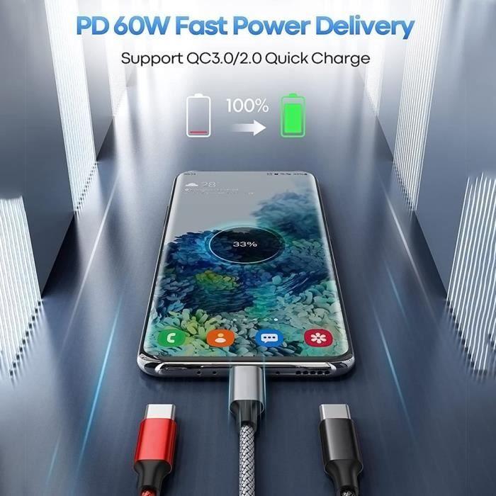3x USB-C To USB-C Fast 3A Cable for Samsung Galaxy M23 5G M13 4G M32 M33 M52 5G - Black Braided Nylon 1M