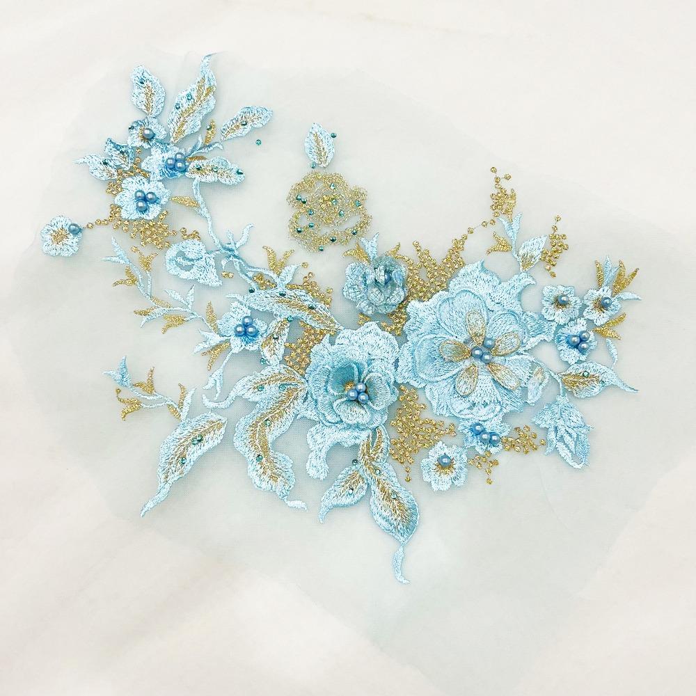 Colorful Sequined Sewing On Patches Flower Lace Beaded Lace Applique  Bridal Dress