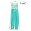 Girls Halloween Arabian Princess Cosplay Costume Sleeveless Sequins Long Jumpsuit Choker Gem Headwear Full Set