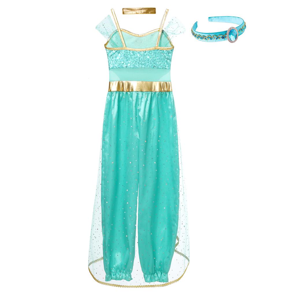 Girls Halloween Arabian Princess Cosplay Costume Sleeveless Sequins Long Jumpsuit Choker Gem Headwear Full Set