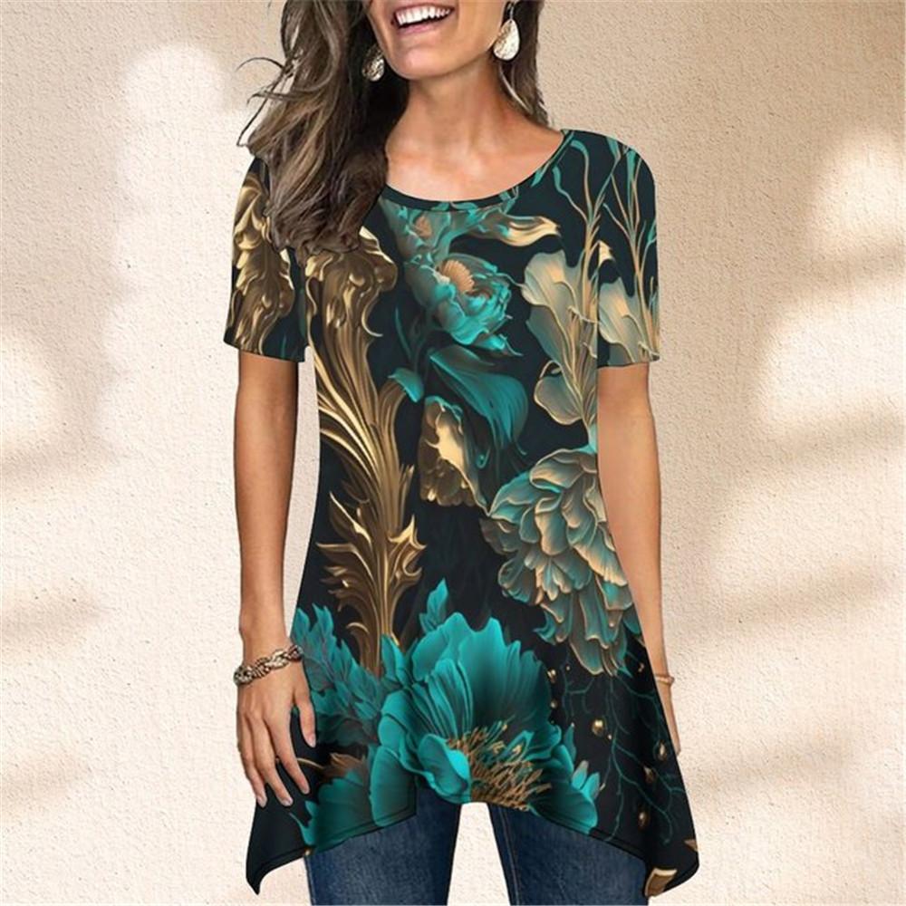 

Женская футболка с нерегулярным подолом и 3D принтом, летняя повседневная летняя повседневная женская футболка с коротким рукавом и круглым воротником, универсальная уличная мода 3XL