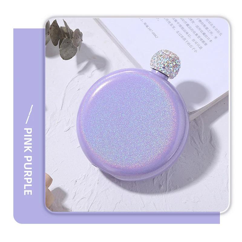 Rainbowl Round Double Wall Small Hip Flask Liquor Flasks Funny Crystal Flask Stainless Steel Portable Hip Flasks Crystal Lid