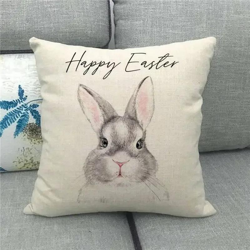 Easter Cushion Cover Cute Bunny Eggs Printed Pillow Covers 18x18 Inches Easter Decorations Hare Rabbit Flower Linen Pillowcase