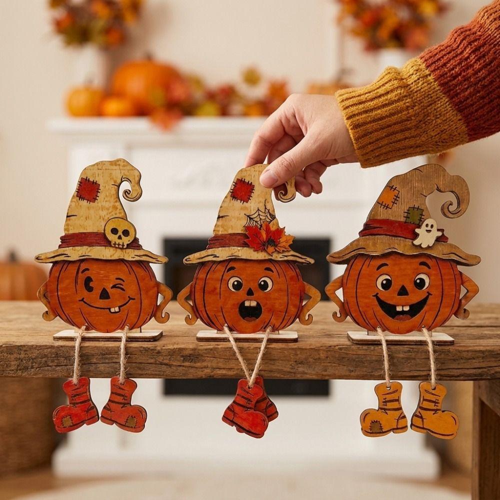 3Pcs Vintage Pumpkin-Shaped Wooden Ornaments 2D Flat Face Pumpkin Display Decor Holiday Gifts