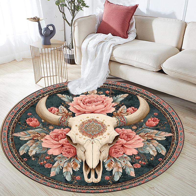 Bohemian Buffalo Skull Round Area Rug,Carpet Rug for Living Room Bedroom Sofa Playroom Decor,Non-slip Floor Mat