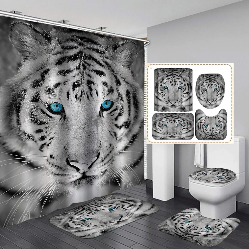 Black Tiger Animals Printed Shower Curtain Set Bathroom Bathing Screen Anti-Slip Toilet Lid Cover Carpet Rugs Kitchen Home Decor