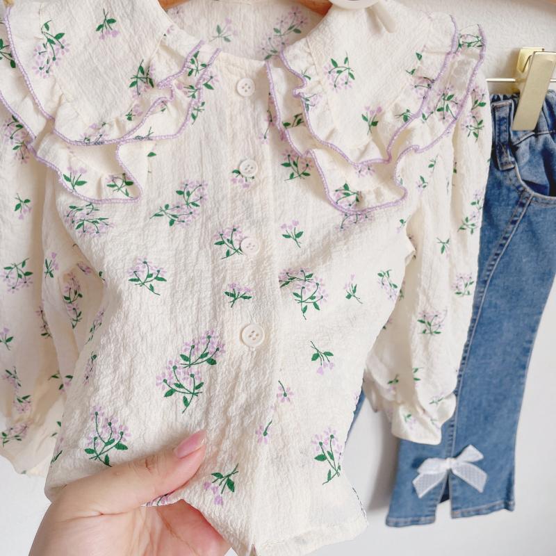 Kids Toddler Clothes Spring Girls Cute Sweet Casual Style Long Sleeve Floral Doll Collar Shirt + Bow Jeans Two Pieces Set