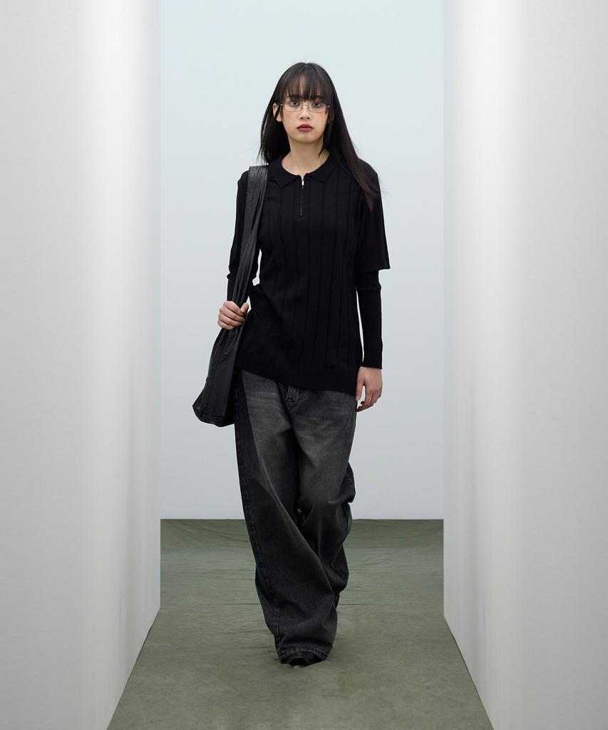 IRONYPORNO WHITELINE 86-Iro356 Micro Cable Half-Zip Collared Short Sleeve Knit Black
