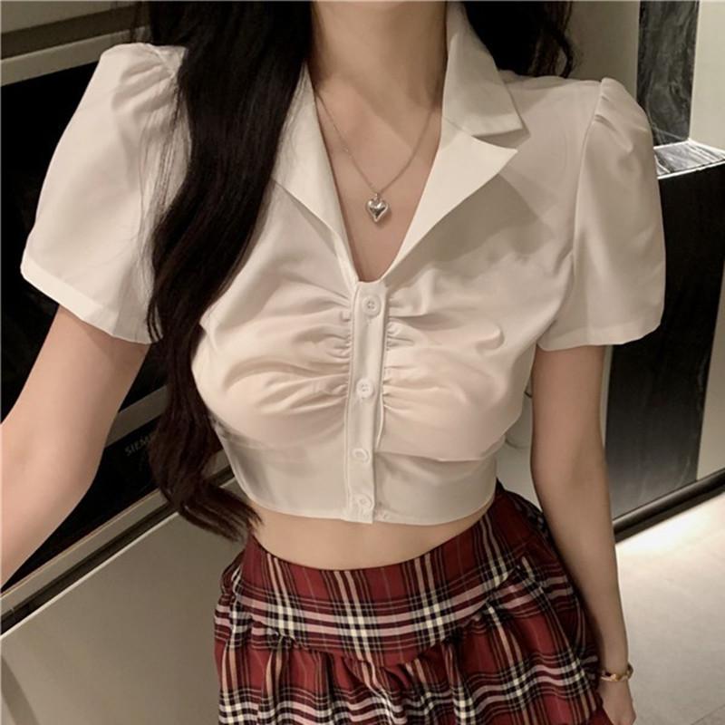 

Летний топ с коротким рукавом и галстуком-бабочкой - Однотонный, в стиле колледжа, корейская мода Small белый