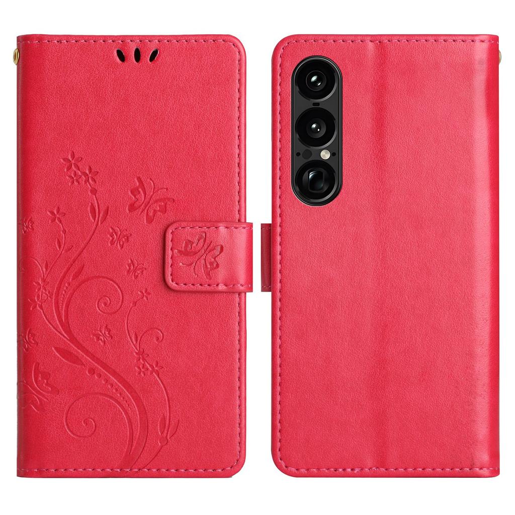 Dla Sony Xperia 1 VII Skórzane etui portfelowe z nadrukiem motyla i kwiatów, pokrowiec na telefon ze smyczą
