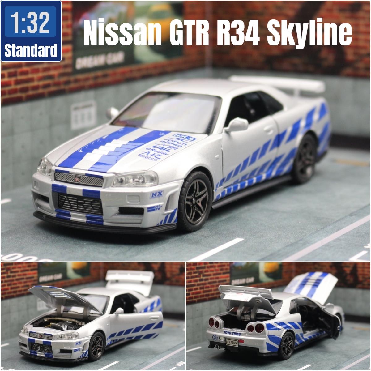 

1/32 Nissan Skyline GTR R34 JDM Модель игрушечной машины Литой автомобиль Миниатюра Звук и свет Инерционный Коллекция Подарок Дети Мальчик
