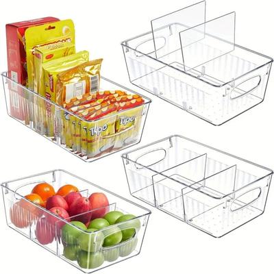 Refrigerator Organizer Bin 4 Grids Clear Food Storage Box Fridge Organizer Bins with Vegetable Fruit Pantry Organization Kitchen Accessories