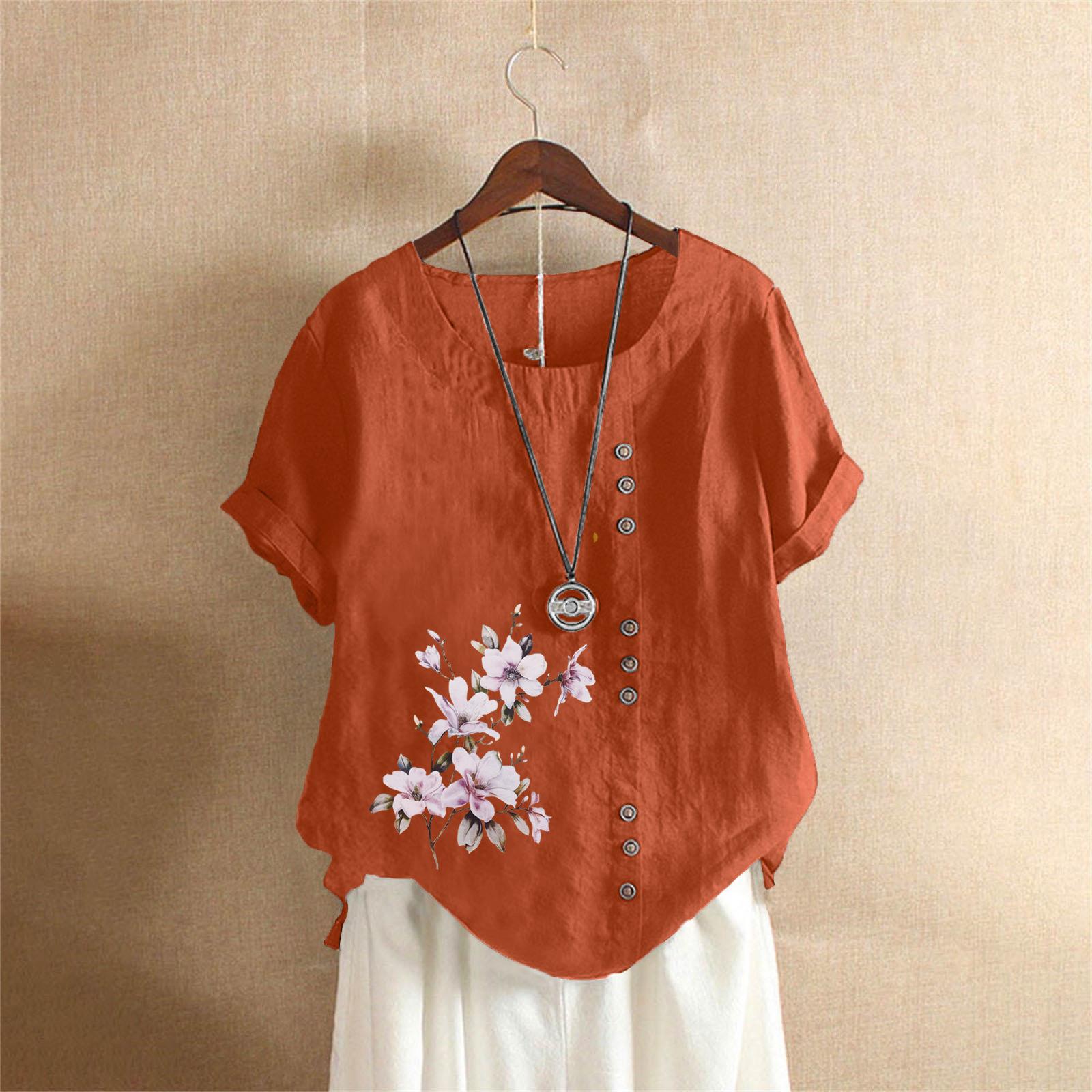 

Женская одежда из хлопка и льна, летняя и осенняя, в стиле ретро, повседневная свободная футболка с короткими рукавами M оранжевый