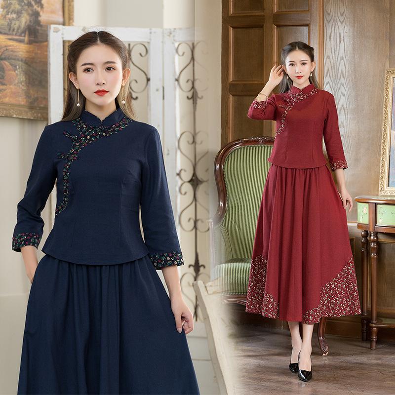 

Высококачественный хлопок и лен Cheongsam в китайском стиле, комплект из двух предметов для похудения и похудения M