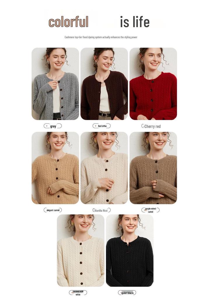 Women's Slimming Cable Knit Cashmere Cardigan - Long Sleeve, Warm, Round Neck, Single-Breasted