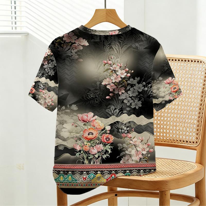 Women's Minimalist Floral Short Sleeve Top Basic & Versatile,Comfy Fabric,Ideal for Daily Wear & Shopping,Trendy Casual Top