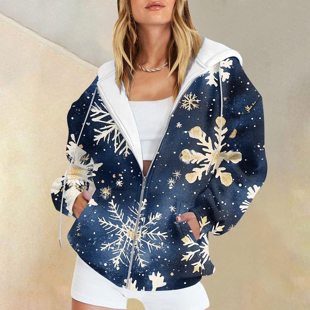 Women's Christmas Printed Sweatshirt  Winter Long Sleeve Cardigan Jacket With Pockets Zipper Hoodie Outerwear
