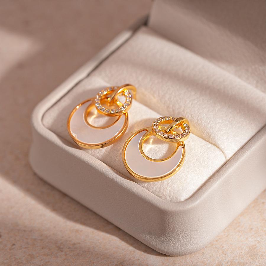 Imitation shell zircon double-layer circle silver needle earrings real gold electroplating geometric temperament earrings