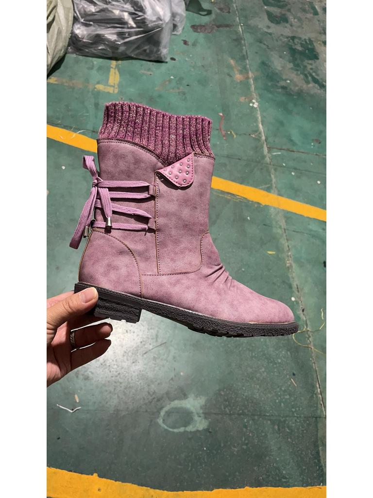 2025 Spring Women's Large Size Mid-Calf Martin Boots with Thick Heels & Straps - Retro Leather Style