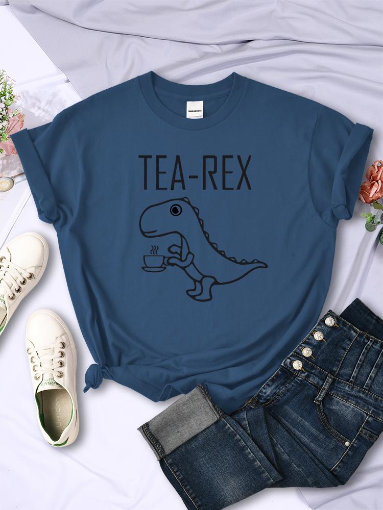 Tea Rex Funny Dinosaur Drink Coffee Female T-Shirts Breathable Casual Short Sleeve Personality All-math Tee Clothing Women Tops