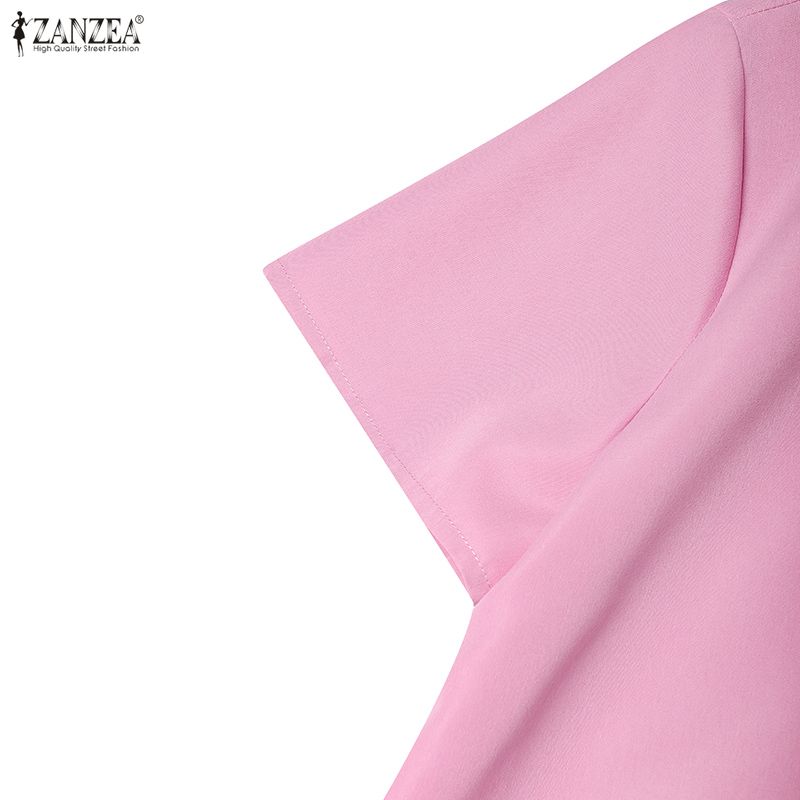 ZANZEA Damen Casual Rundhals Einfarbig Sommer Kurzarmkleid