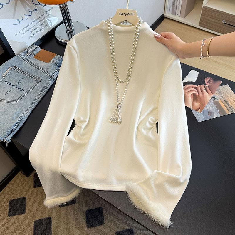 Retro Chinese Style Fluffy Long Sleeve Women s Shirt - Autumn/Winter Base Layer White