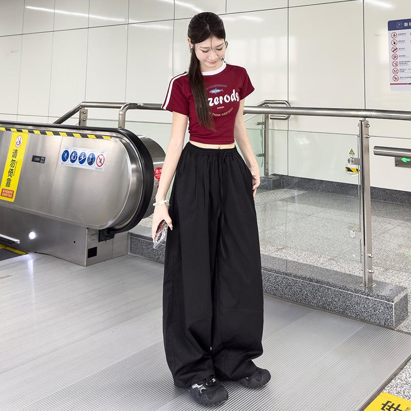 

Ankela red scimitar pants women s spring and autumn new lazy and relaxed sports straight loose casual wide-leg pants S чёрный