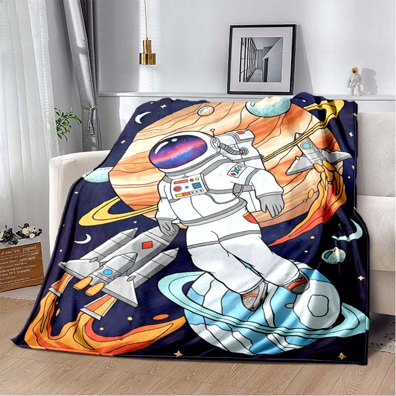 Space Astronaut Flannel Blanket, Soft Warm Throw with Cartoon Spaceman & Planet Print for Kids Bed Sofa, Cozy Bedding for Boys