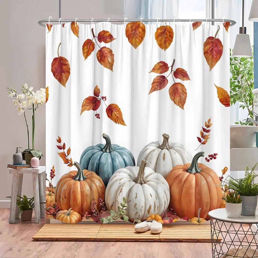 Autumn Scenic Shower Curtain Fall Pumpkin Farm Thanksgiving Butterfly Flower Leaf Barn Polyester Fabric Bathroom Decor Curtains