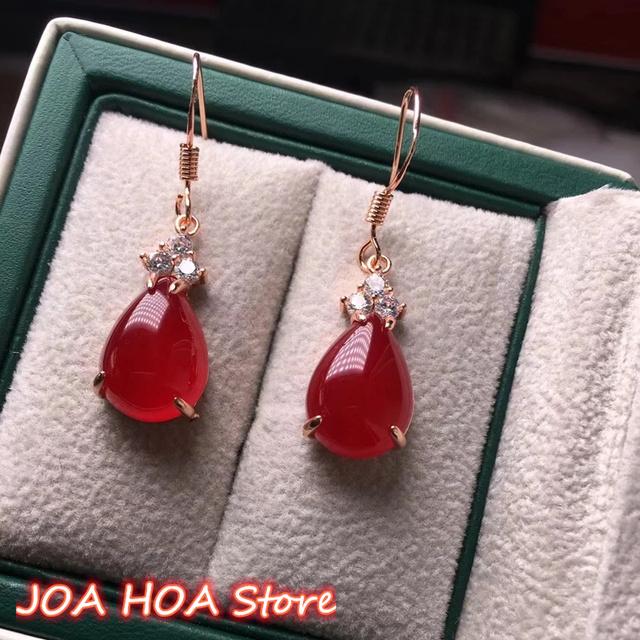 Natural Emerald Pink Green Red White Chalcedony Water Drop Ladies Rose Gold Sterling Silver 925 Jewelry Earrings