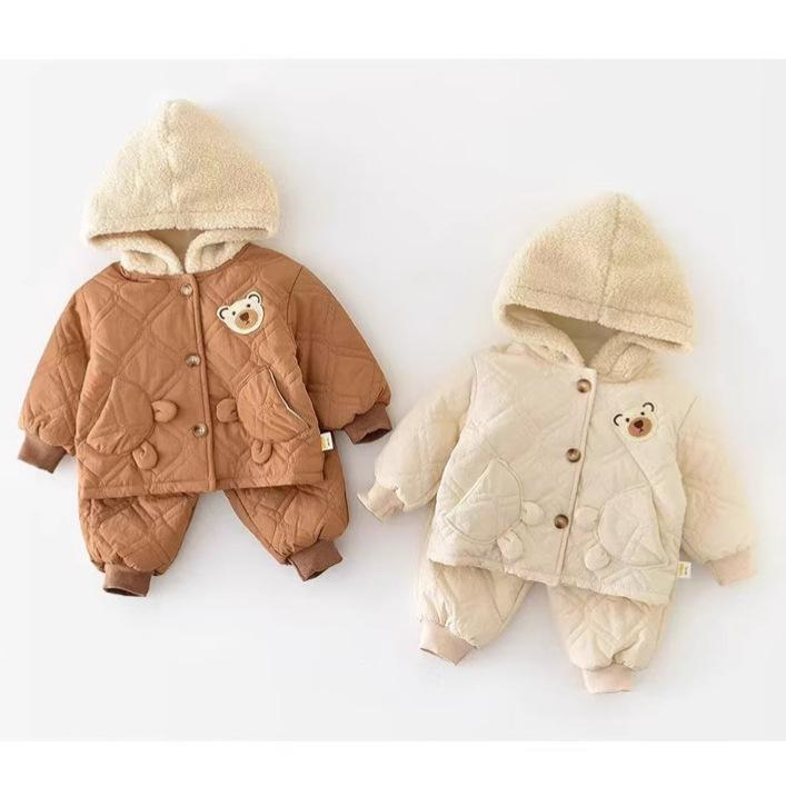2Pcs Winter Baby Boy Fleece Inside Clothes Set Hooded Jacket+Pant Infant Toddler Child Clothing Suit Coat Baby Clothes for 1-3Y