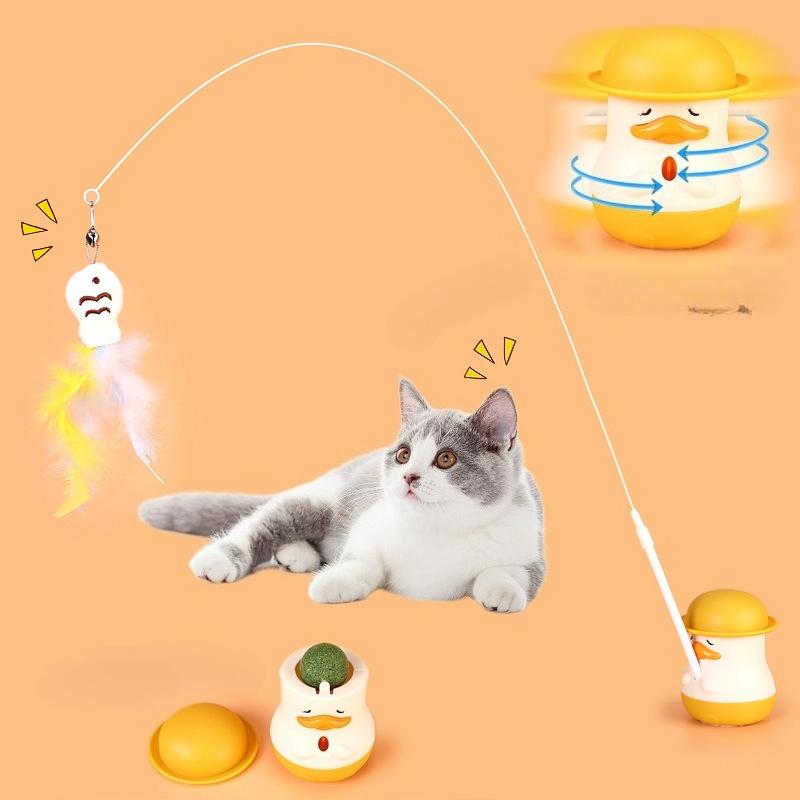 Cat Toys Multifunctional Cute Duck Cat Teaser Long Pole Feather Bell Self-hi To Relieve Boredom Rotating Catnip Pet Toys