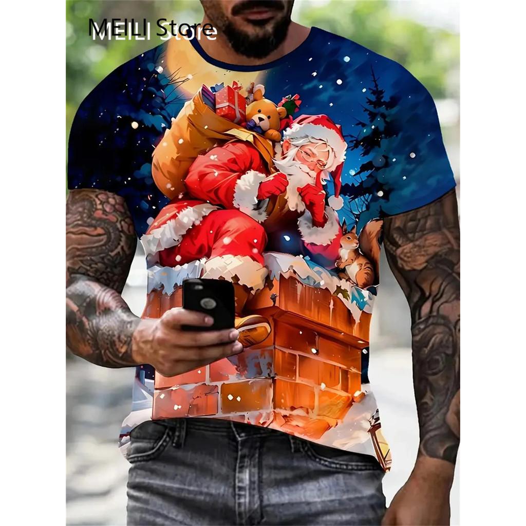 

Різдвяна чоловіча модна футболка Смішна 3D футболка з принтом Санти Клауса Повсякденний пуловер Сорочки з коротким рукавом Графічні футболки Толстовка XS