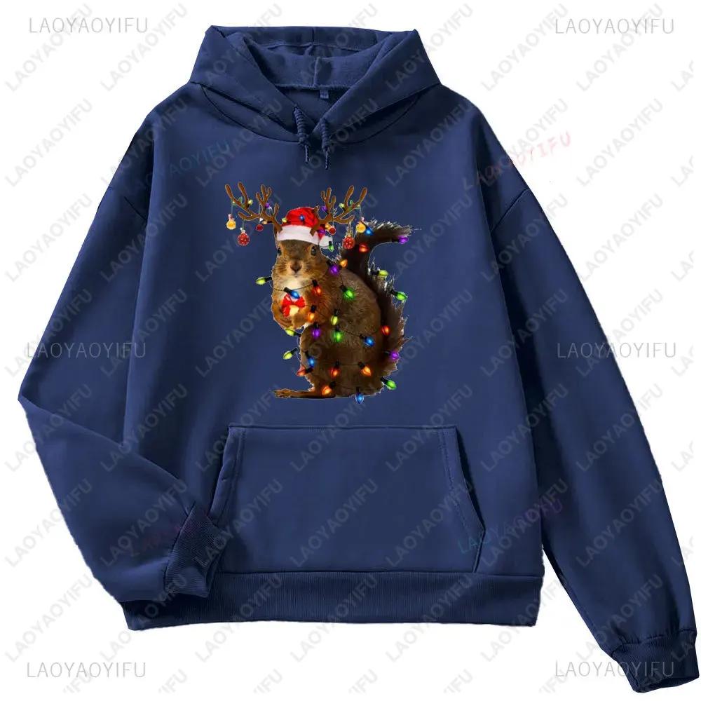 Christmas Squirrel Lights Sweatshirt Xmas Squirrel Hoodie Women Long Seleeve Sweater Santa Squirrel Gift Cute Christmas Sweater