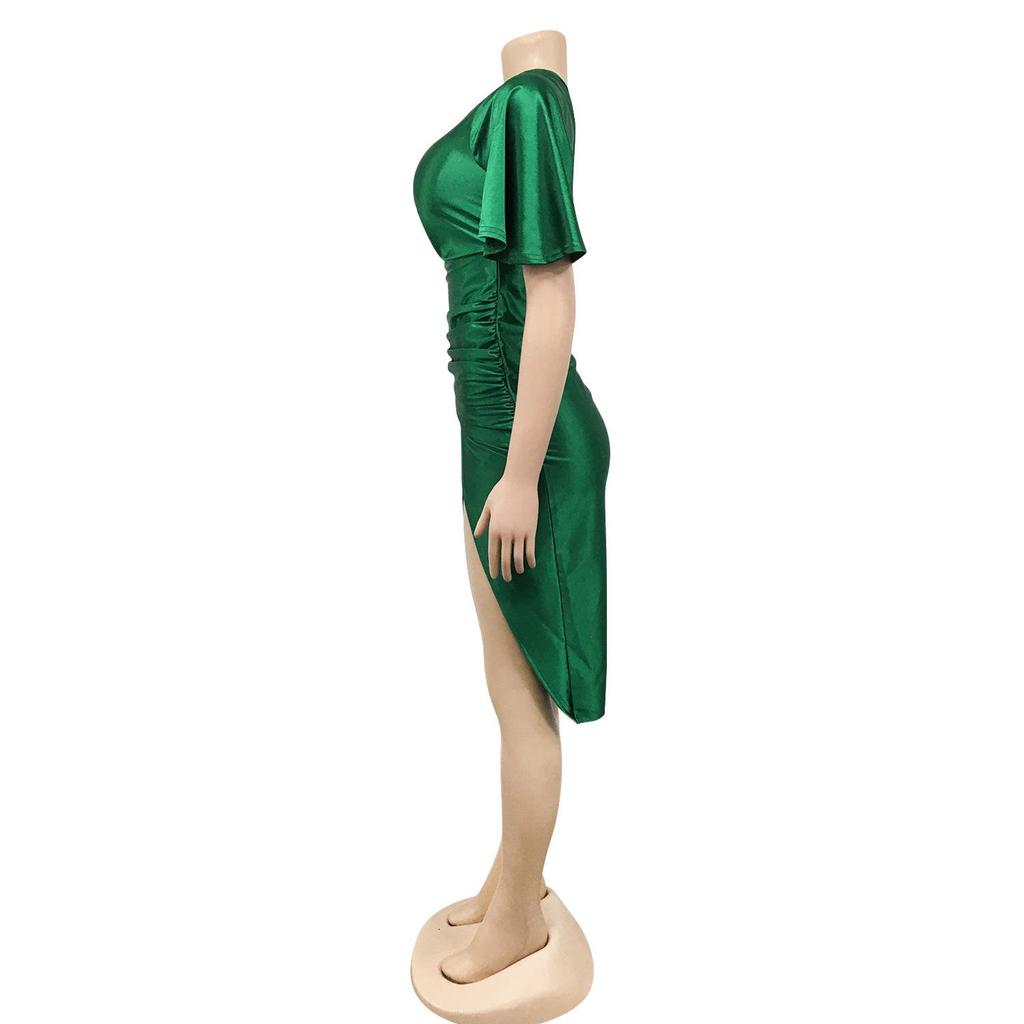 One-Shoulder Slit Midi Dress - Women's Fashion Solid Color, Europe & America Style