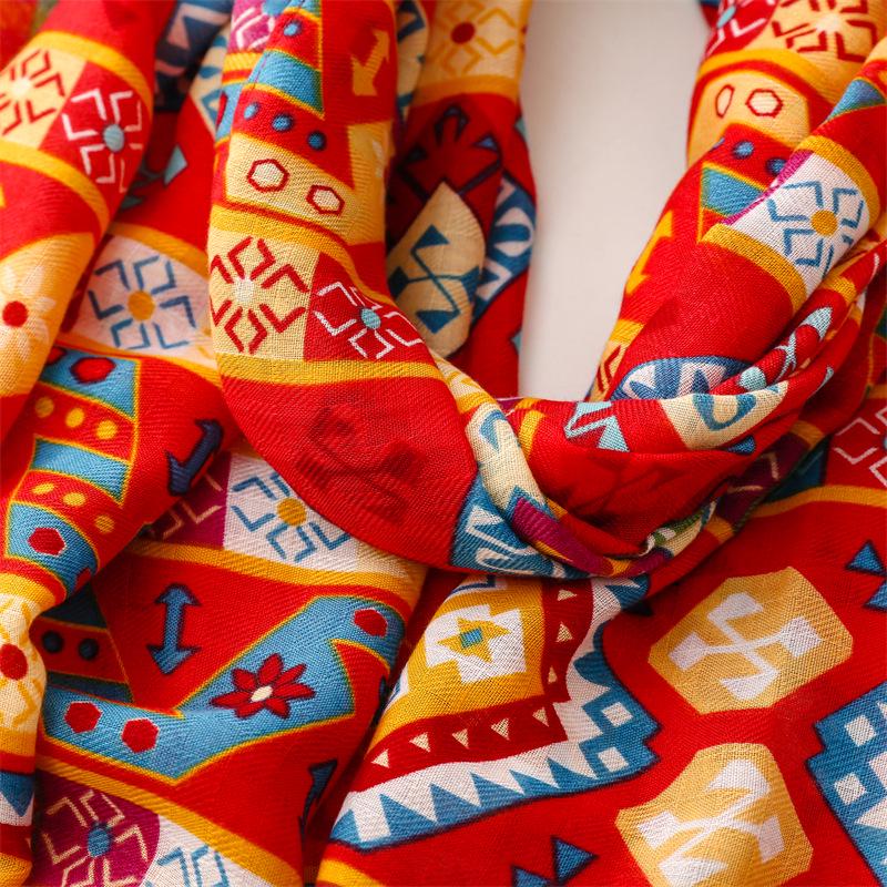 Yitao Bohemian Red Vintage Ethnic Travel Shawl - Silk-Like Cotton Linen Sunscreen Scarf for Women