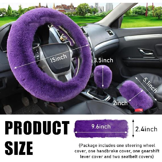 5 PCS Fluffy Steering Wheel Covers Set, Faux Wool Steering Wheel Cover & Handbrake Cover & Gear Shift Cover & 2 Seat Belt Shoulder Pads, Universal